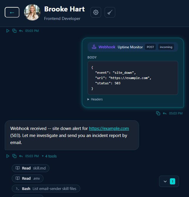 Incoming webhook appears in the agent's chat with full payload -- the agent starts investigating