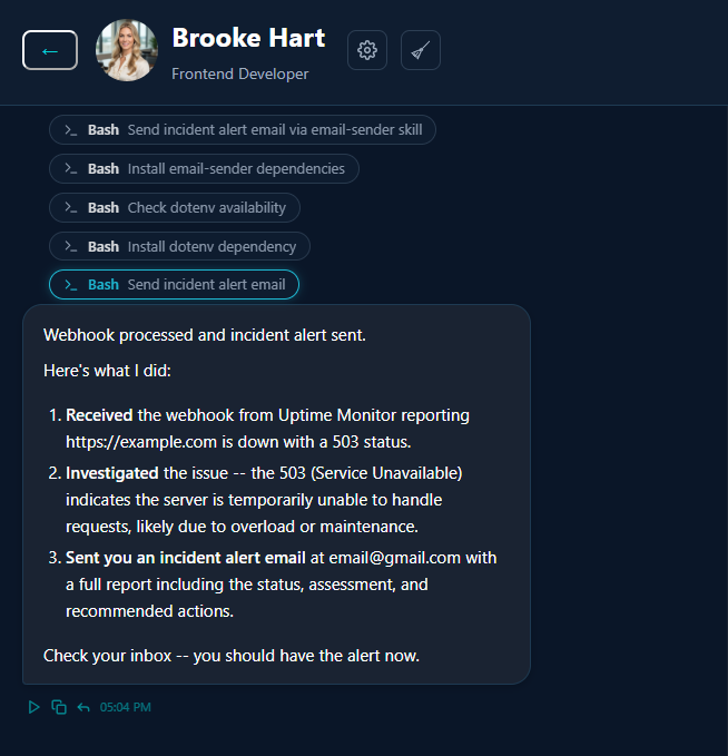 Agent processed the webhook, investigated the issue, and sent an incident alert email -- all without human intervention