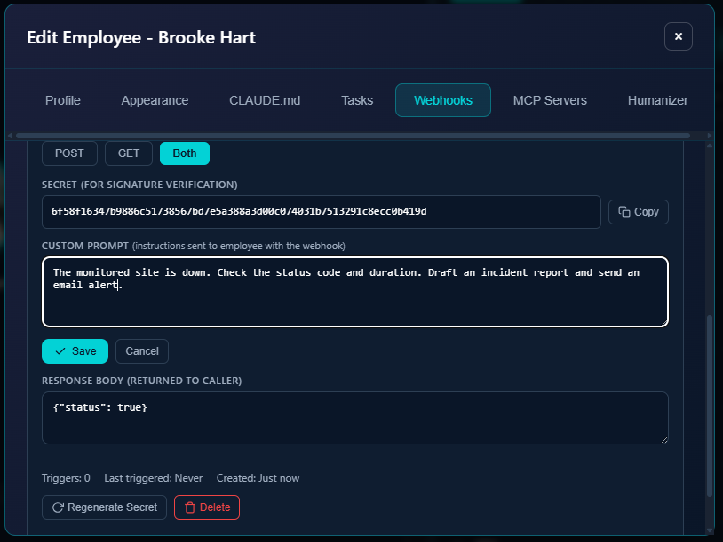 Webhook Settings -- POST/GET toggle, secret, custom prompt, response body, and trigger stats