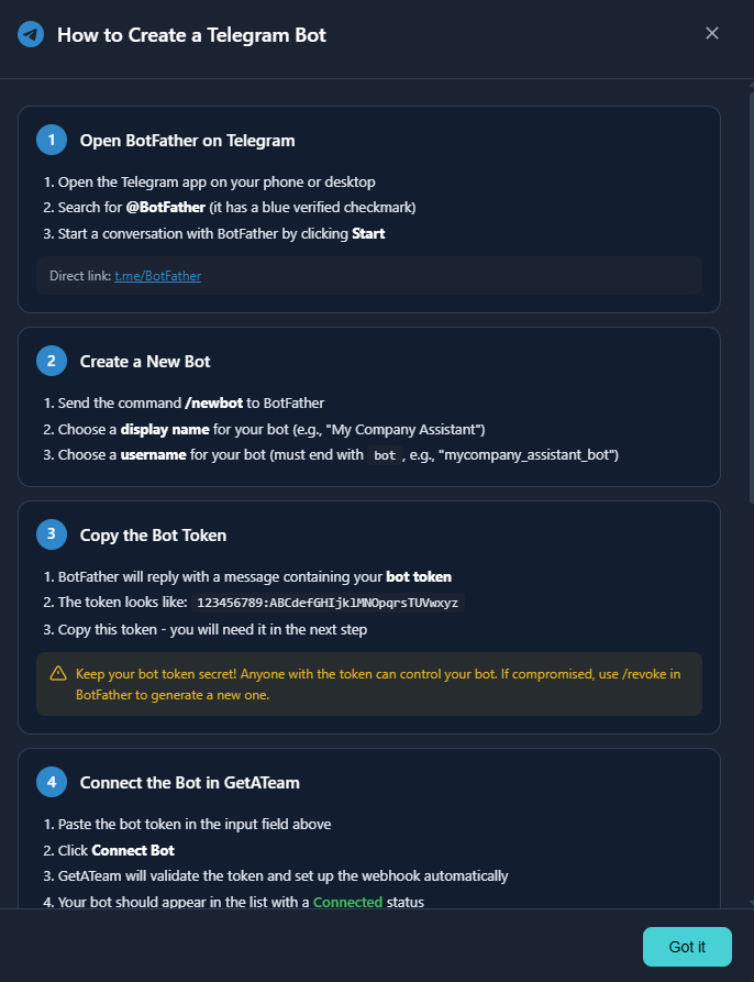 GetATeam Telegram Bot Setup Guide - Steps 1-4
