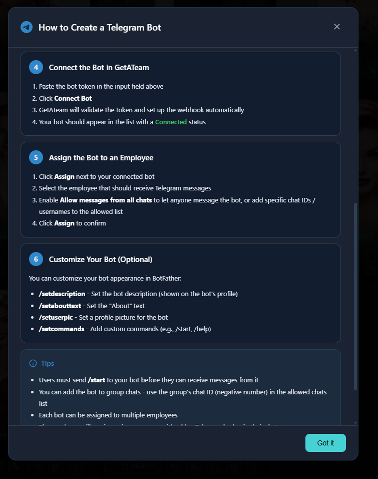 GetATeam Telegram Bot Setup Guide - Steps 5-6 and Tips