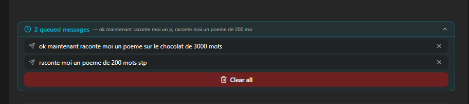 Message queuing UI showing 2 queued messages with individual delete buttons and a Clear all option