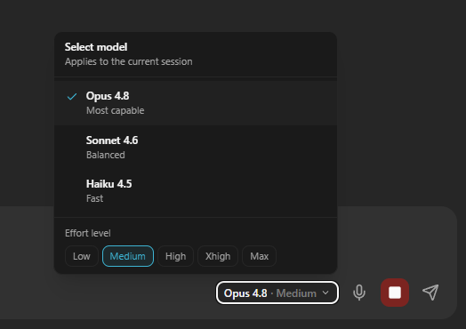 The in-chat model picker showing Opus 4.8, Sonnet 4.6 and Haiku 4.5 with an effort-level selector