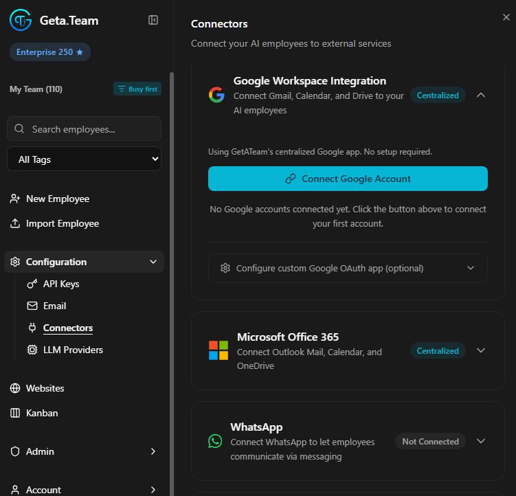 The Geta.Team Connectors page showing the one-click Google Workspace and Microsoft Office 365 integrations, both marked Centralized