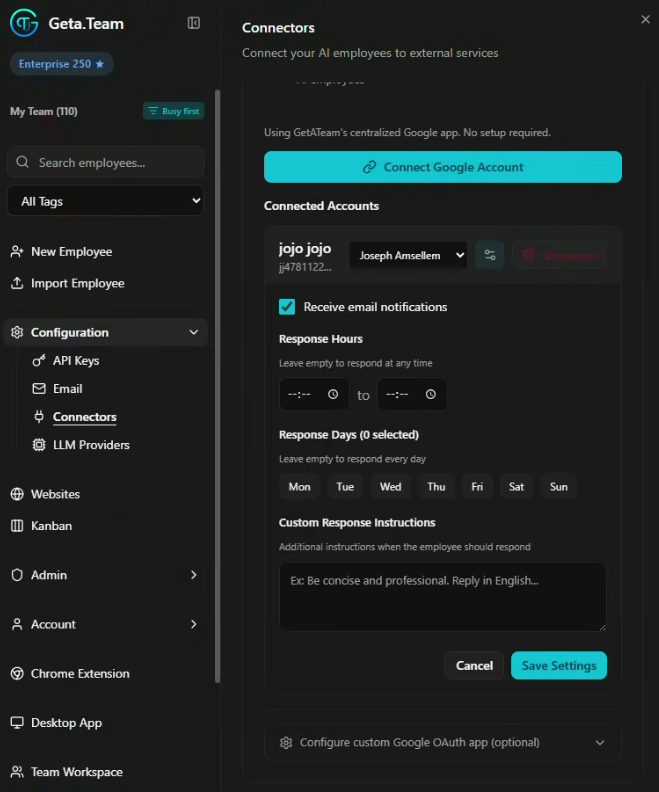 The per-account settings panel with mail notifications, response hours, response days, and custom response instructions