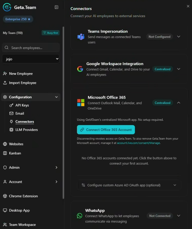 The Microsoft Office 365 connector with the one-click Connect Office 365 Account button, also marked Centralized