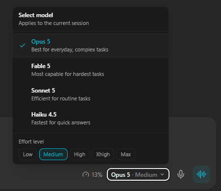 The Geta.Team model picker showing Opus 5, Fable 5, Sonnet 5, and Haiku 4.5 with an effort level selector