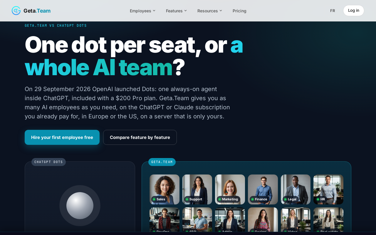The Geta.Team comparison page, headlined One dot per seat or a whole AI team, showing a single grey dot beside a grid of AI employees for sales, support, marketing, finance, legal and HR