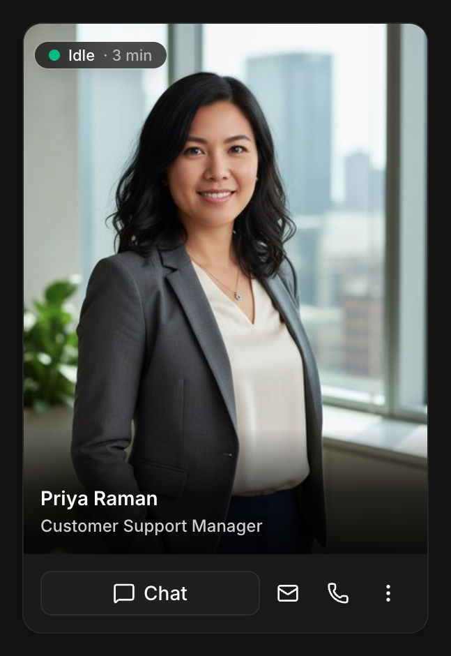 A newly hired AI employee card, with chat, email and phone