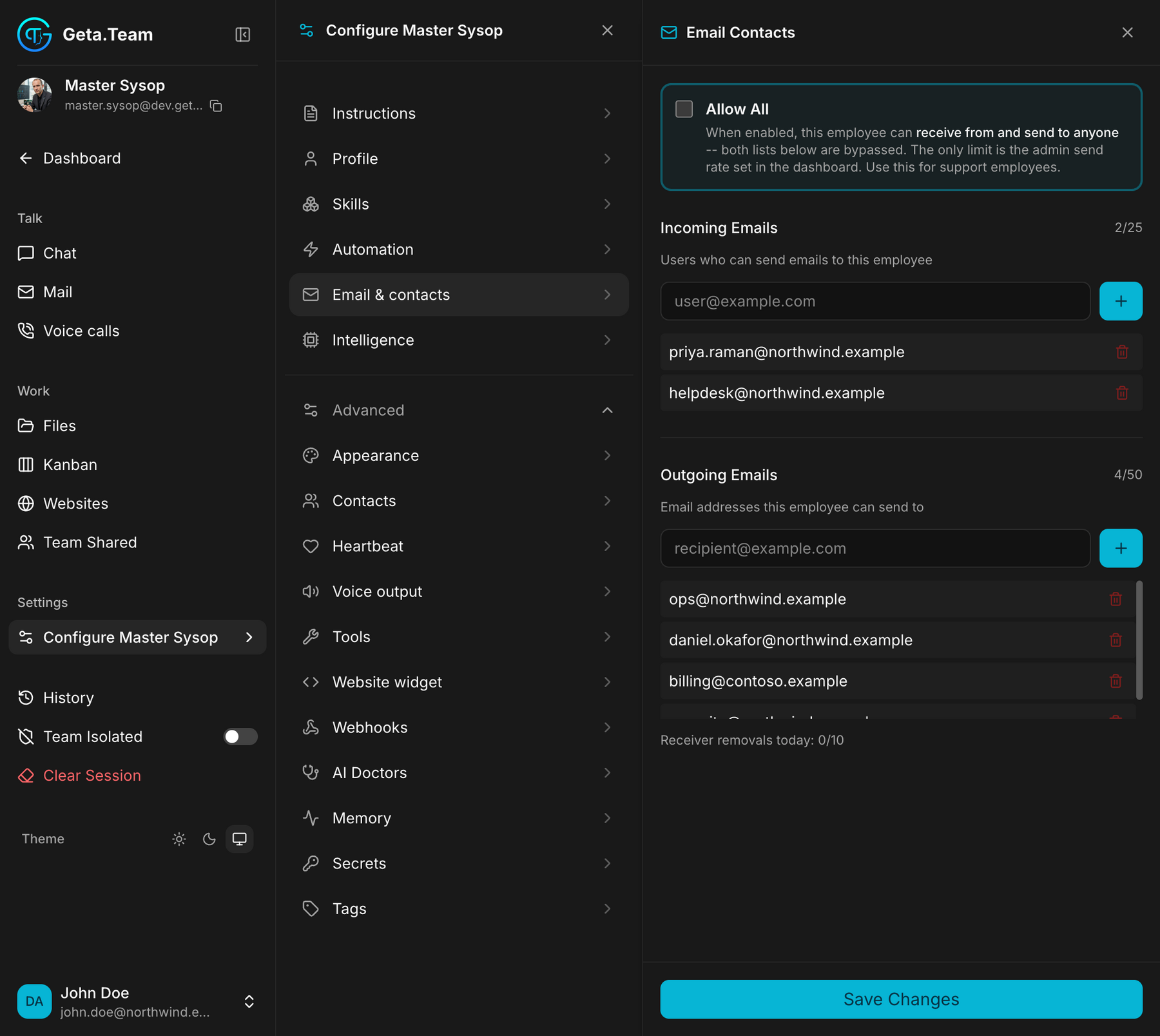 Incoming and outgoing email allow-lists for an AI employee