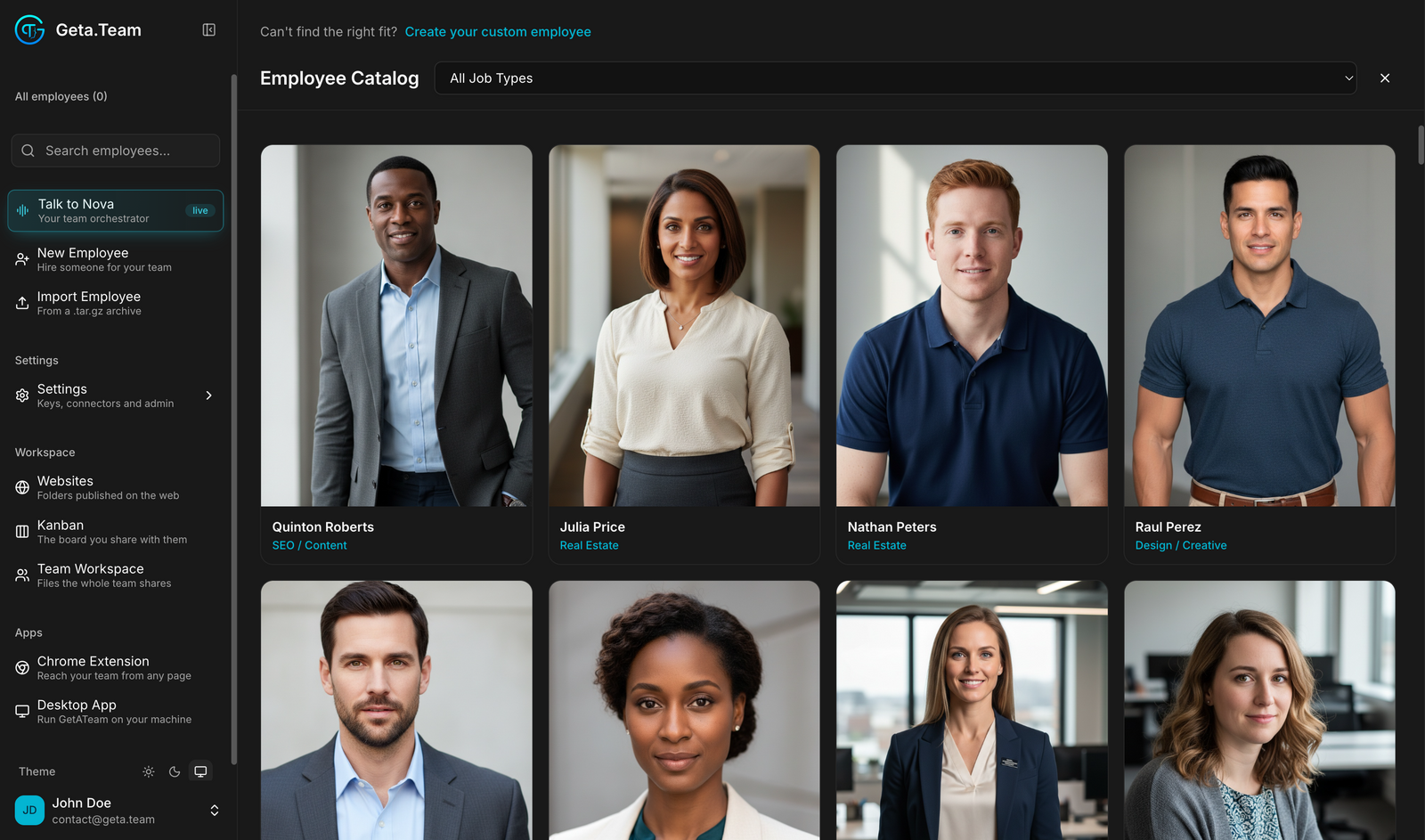 The Geta.Team Employee Catalog, filtered by job type