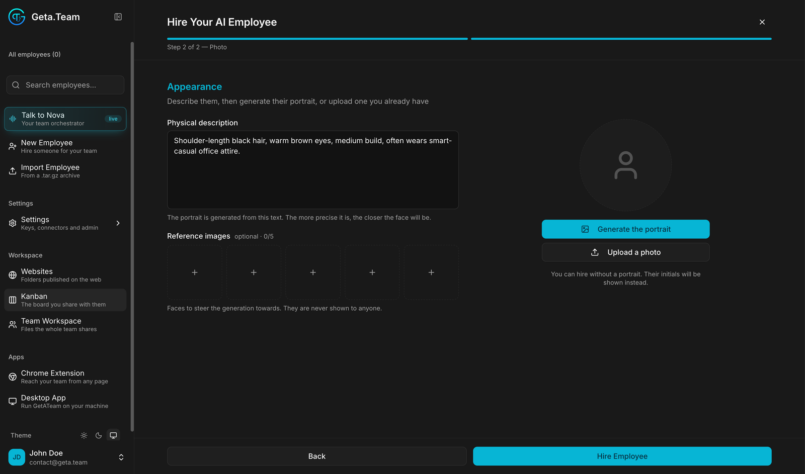 Step 2 of the hiring wizard: appearance and portrait